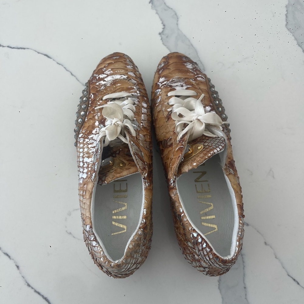 Vivien Lee Boutique Leather Snakeskin Sneakers Brown Metallic Stones New